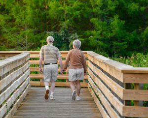 a couple of people that are walking across a bridge at Sawnee Mountain Preserve