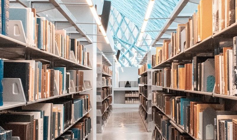 brown wooden book shelves in library
