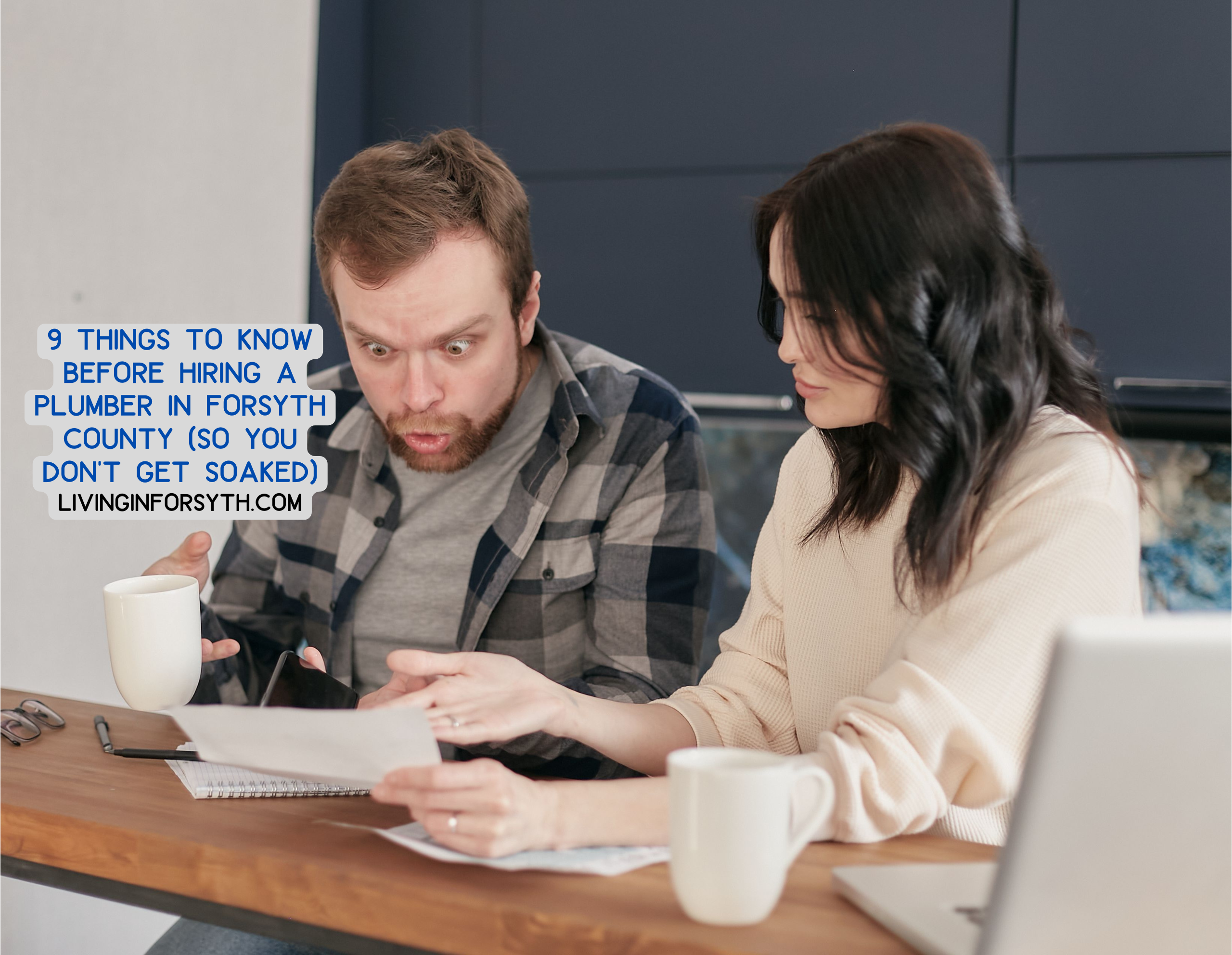 9 Things to Know Before Hiring a Plumber in Forsyth County (So You Don’t Get Soaked) 1 couple looking shocked at a plumbers bill